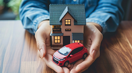 Hands holding mini home and car