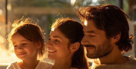 A Dad, mom and young daughter are looking to the left smiling. Their faces are glowing from the light of a sunset.